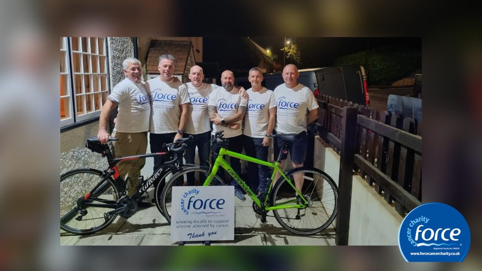 The Exeter to Ipswich cycle team (left to right): Steve Sandiford, Paul Reed, Lee Barrow, support vehicle driver Simon Courtney, Pete Jeffery and Terry Wheatley.